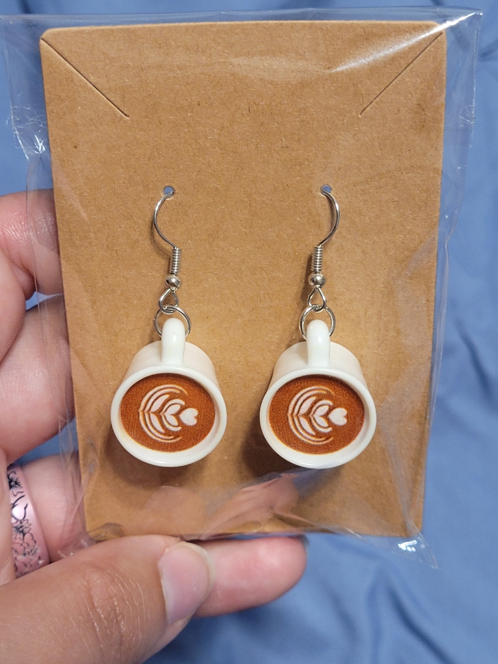 Latte Art Cup Dangle Earrings - White and Brown